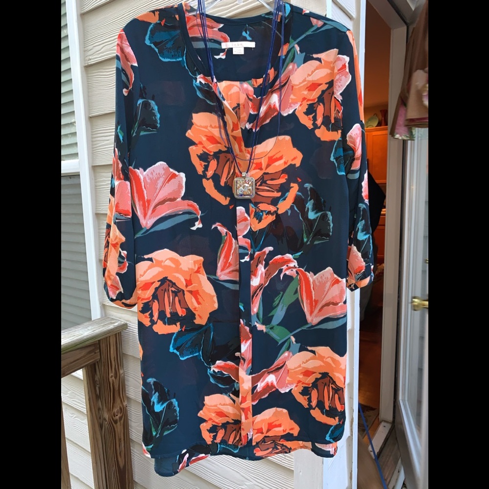 Beautiful M teal blue peach floral shirt dress